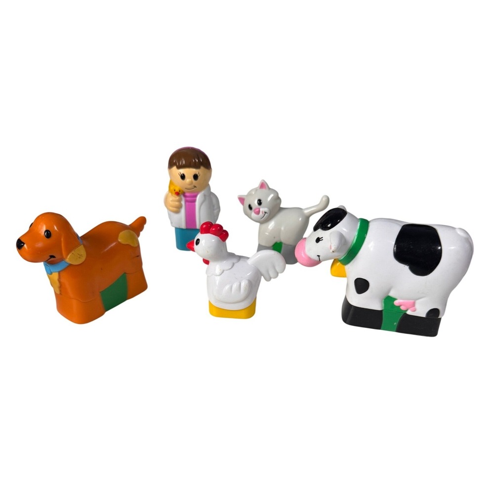 Mega Bloks Farm Animal Figure Lot Cow Dog Cat Chicken Farmer 5pc